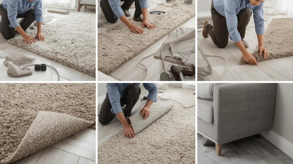 겨울 러그 카페트 깔기 순서 — 바닥정리·패드재단·펼치기·가구고정·모서리정리·점검