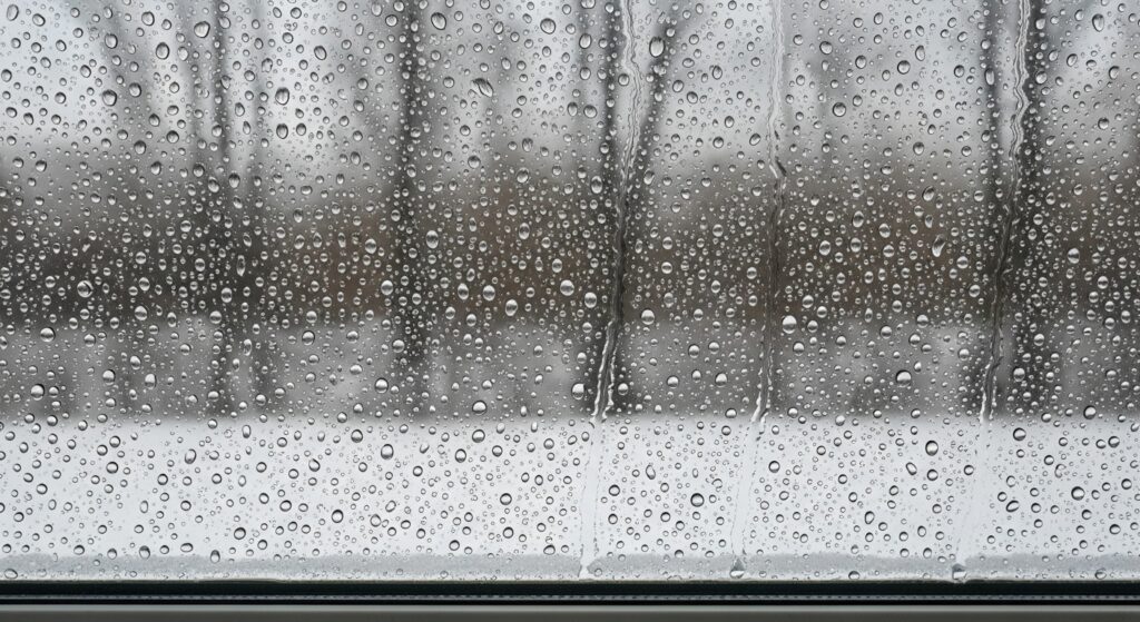 겨울 창문 결로로 유리창에 맺힌 물방울 실사 이미지