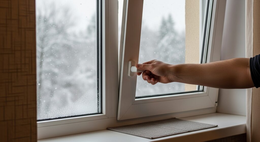 겨울에 창문을 조금 열어 환기하며 실내 습도를 조절하는 모습 실사 이미지