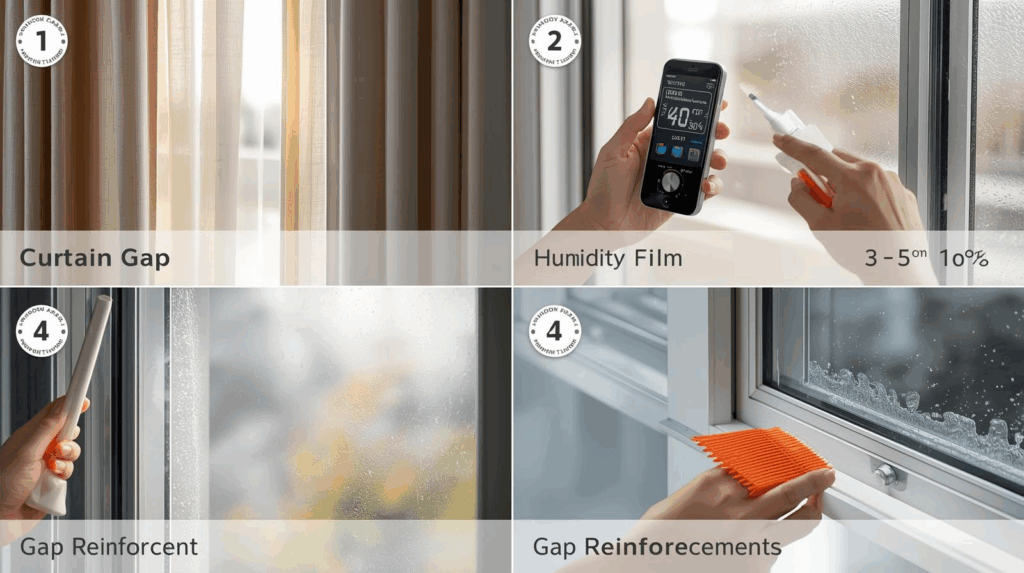 결로 체크리스트 — 커튼 간격·습도 40~50%·단열필름·틈막이 보강