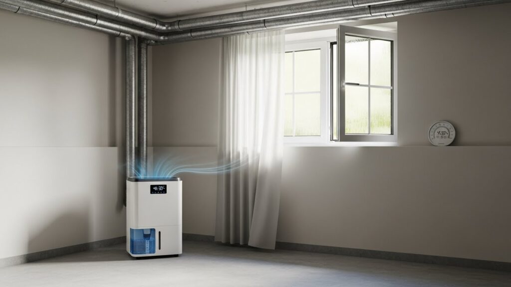 김서림을 줄이기 위해 습도·환기를 조절하는 과정을 촬영한 실사 이미지