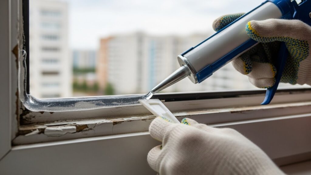 노후된 패킹 부위를 투명 틈막이와 실리콘으로 보강하는 작업 실사 이미지