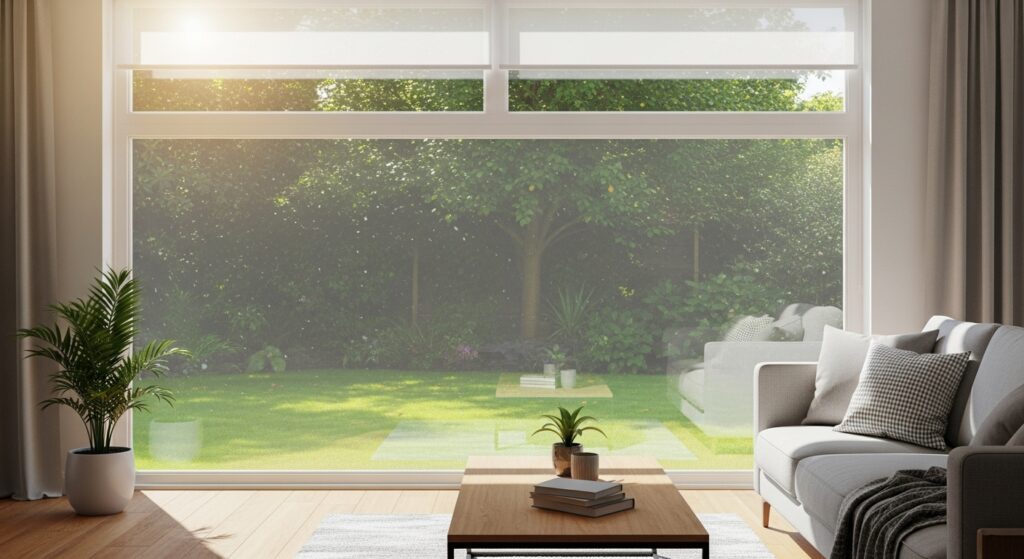 단열 필름 시공이 끝난 후 깨끗하게 정리된 거실 창문 실사 이미지