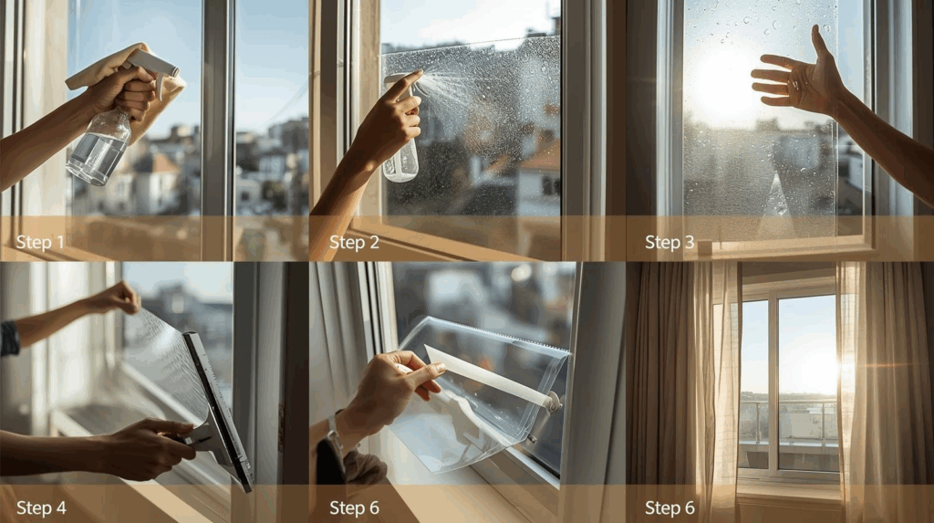 창문 단열필름 부착 순서 — 세정·분무·부착·재단·마감·건조