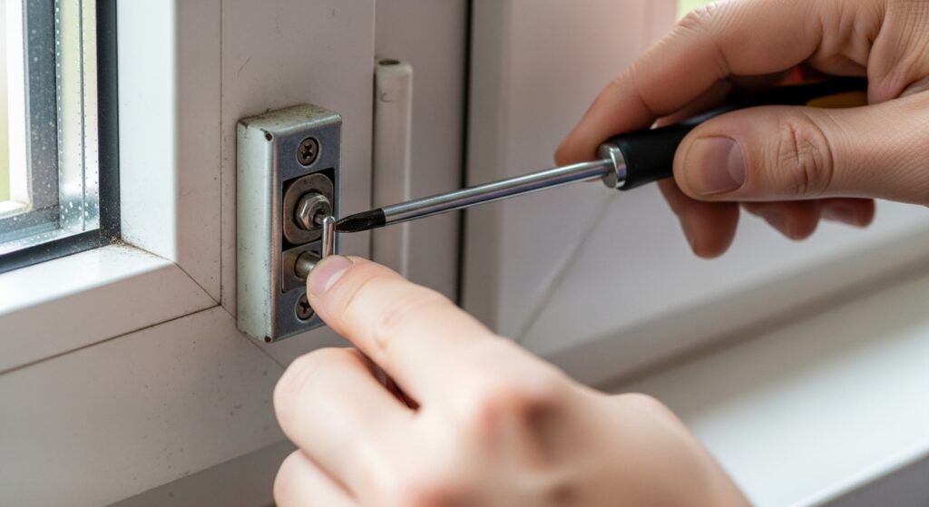 드라이버로 창문 잠금쇠 고정핀 나사를 조절하는 실제 작업 장면 실사 이미지