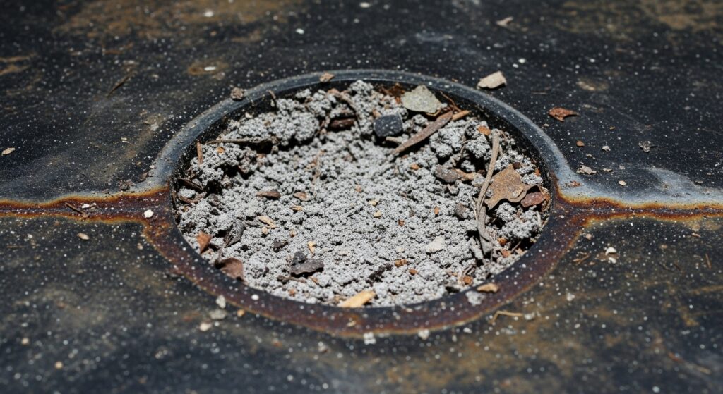 먼지와 때로 막혀 있는 샤시 배수홀을 가까이에서 찍은 실사 이미지