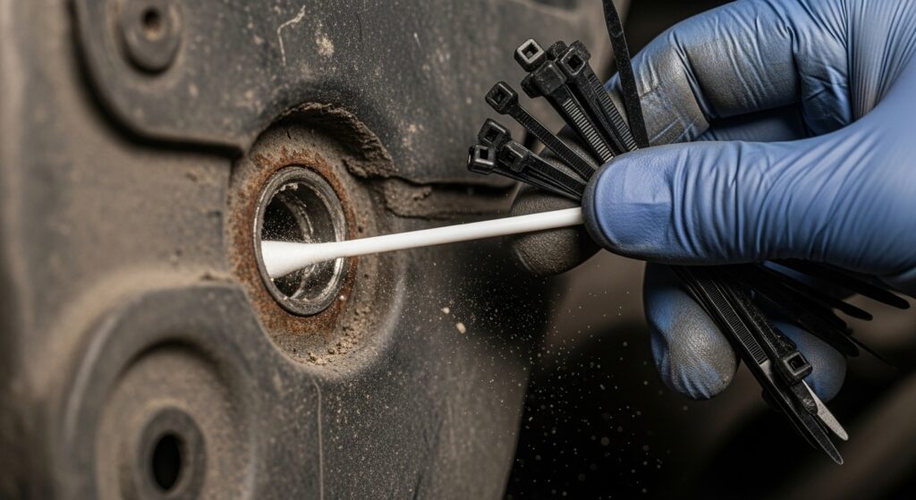 면봉과 케이블 타이로 샤시 배수홀 안쪽을 청소하는 실제 손 작업 장면