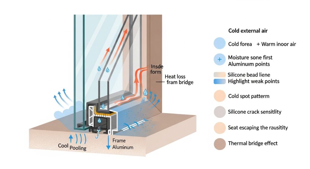 모서리·실리콘·프레임에서 결로가 먼저 생기는 구조