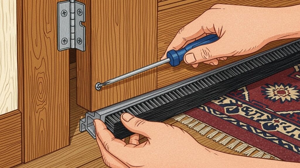 문 아래에 브러시형 도어스윕을 설치하는 손 작업 실사 이미지