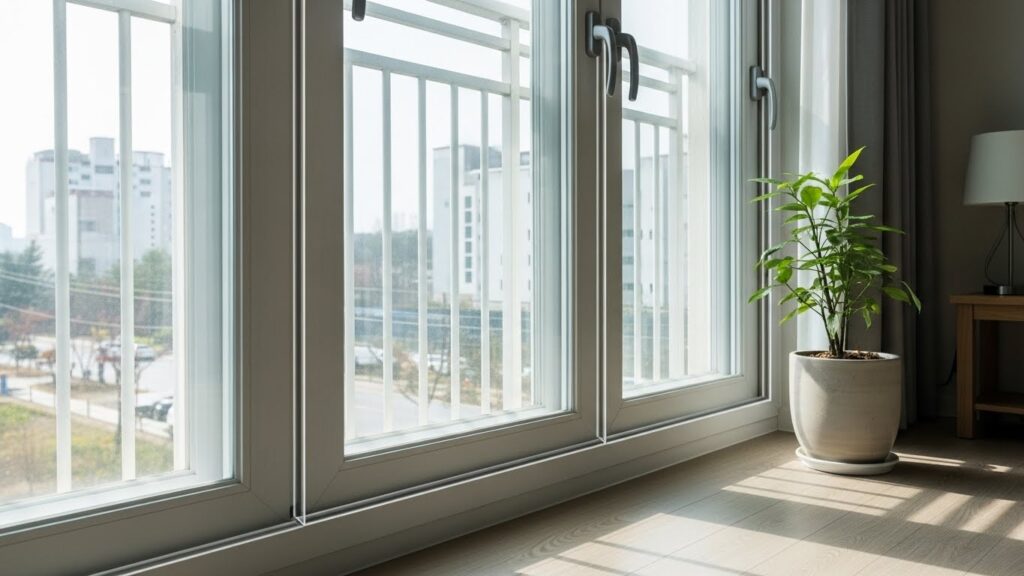 바람 소리 차단 후 조용해진 창문 프레임 모습 실사 이미지