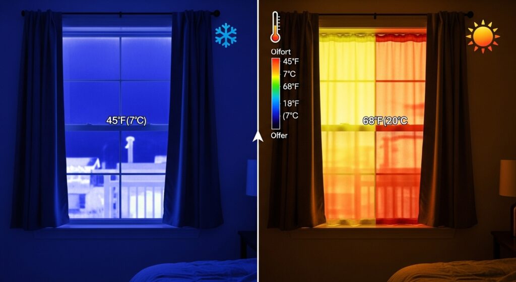 방풍 커튼 설치 후 창가 바닥 온도가 개선된 실제 실사 이미지