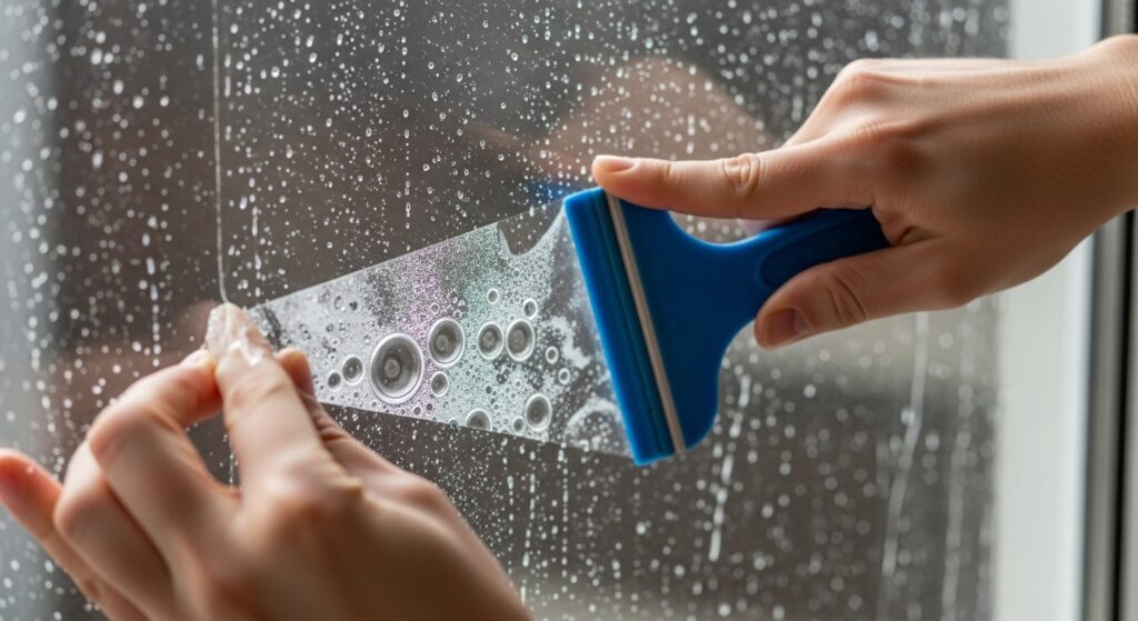 분무기로 물을 뿌린 유리에 단열 필름을 붙이며 스퀴지로 기포를 밀어내는 손 실사 이미지