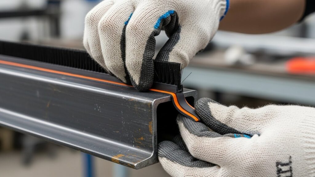 브러시형 틈막이를 레일 끝부분에 부착하는 실제 손 작업 이미지