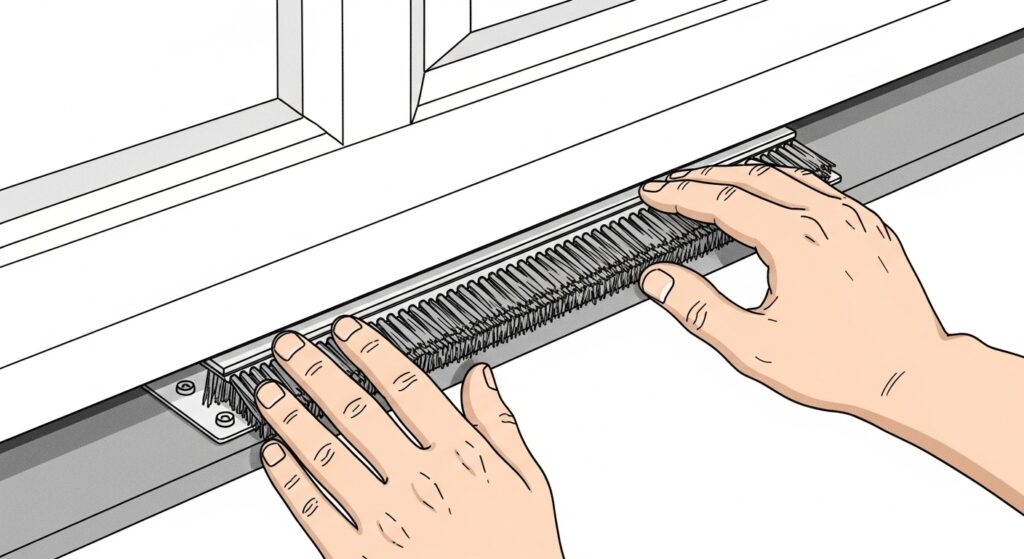 브러시형 틈막이를 하단 레일에 부착하는 손의 작업 이미지