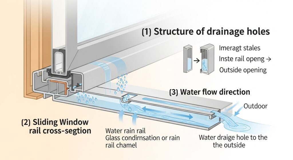 샤시 배수홀 구조와 배수 흐름 인포그래픽