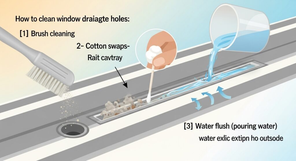 샤시 배수홀 청소 방법 — 솔·면봉·물흘리기 인포그래픽