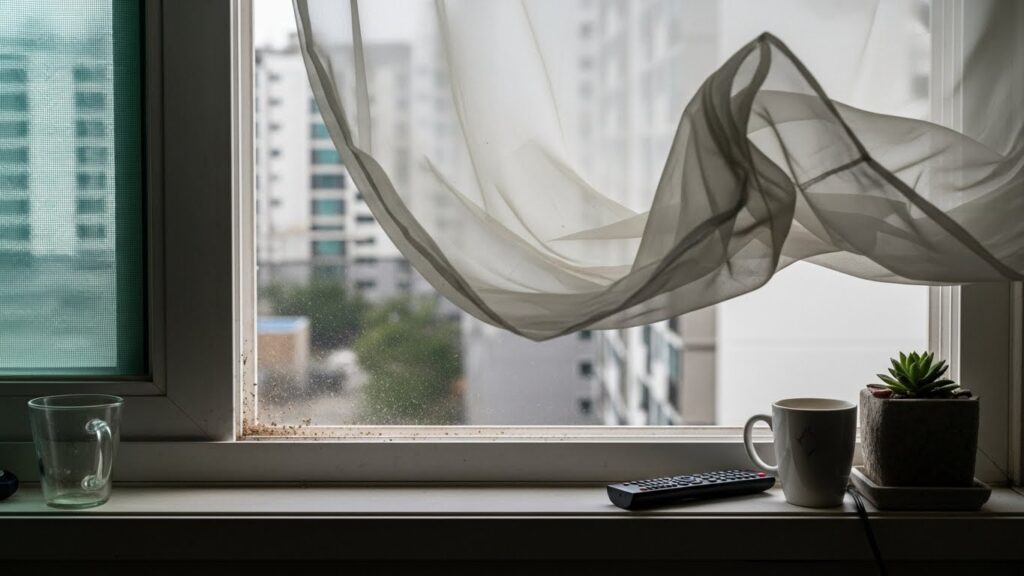 샤시 상단 프레임 틈에서 바람 소리가 발생하는 실사 근접 이미지