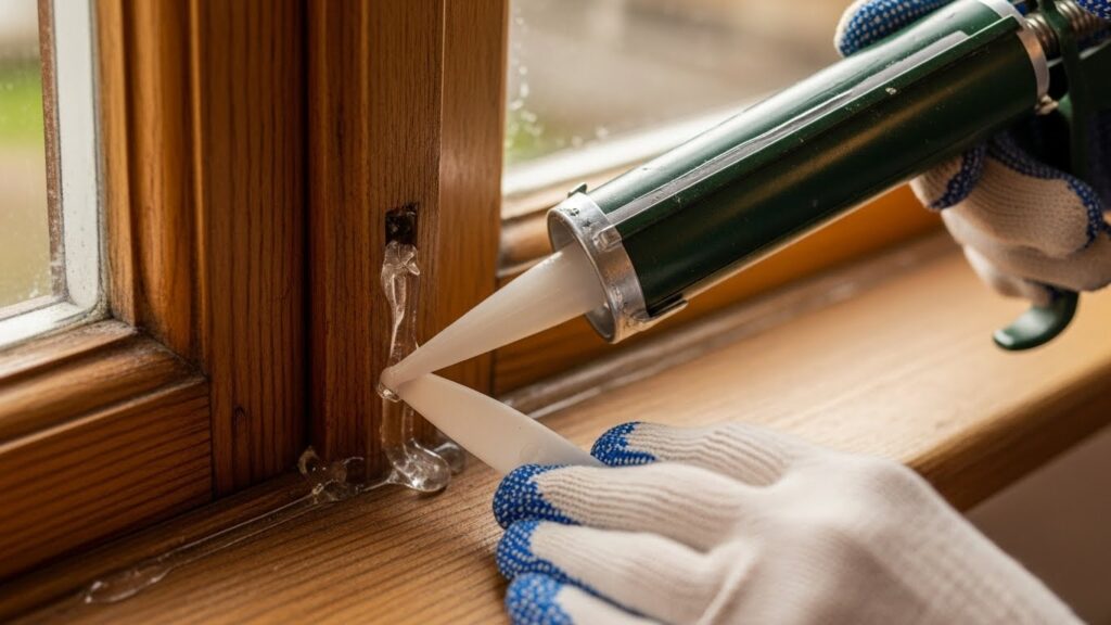 샤시 프레임 실리콘 보수와 투명 틈막이를 붙이는 손 작업 실사 이미지