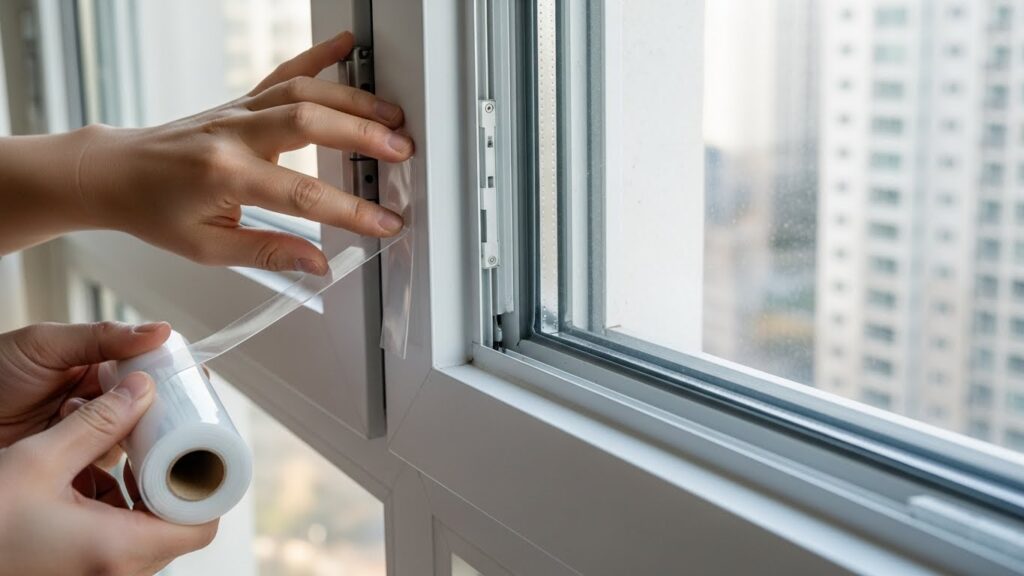 샤시 프레임 틈에 투명 틈막이를 붙여 바람 소음을 줄이는 작업 실사 이미지