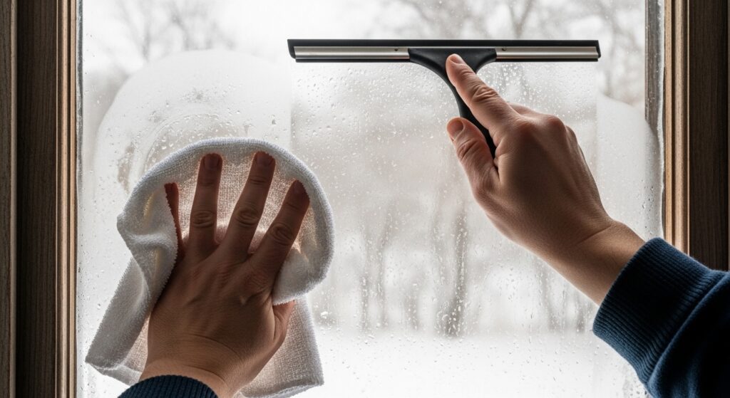 수건과 스퀴지로 겨울 유리창 결로 물방울을 닦는 손의 실사 장면