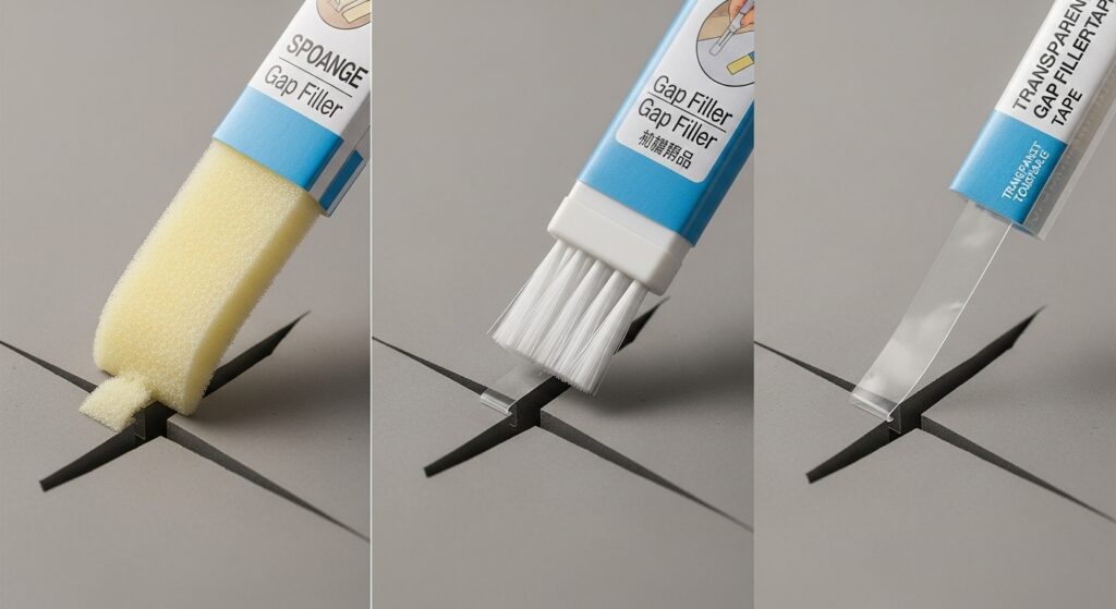 스펀지형 틈막이, 브러시형 틈막이, 투명 틈막이 테이프를 비교한 실제 사진