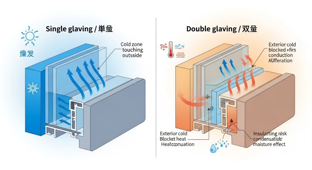 이중창과 단창 단열 구조의 기본 차이