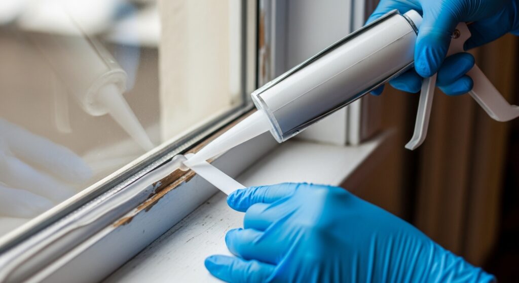 중성 실리콘과 투명 틈막이를 이용해 유리-프레임 틈을 보수하는 실제 손 작업 사진