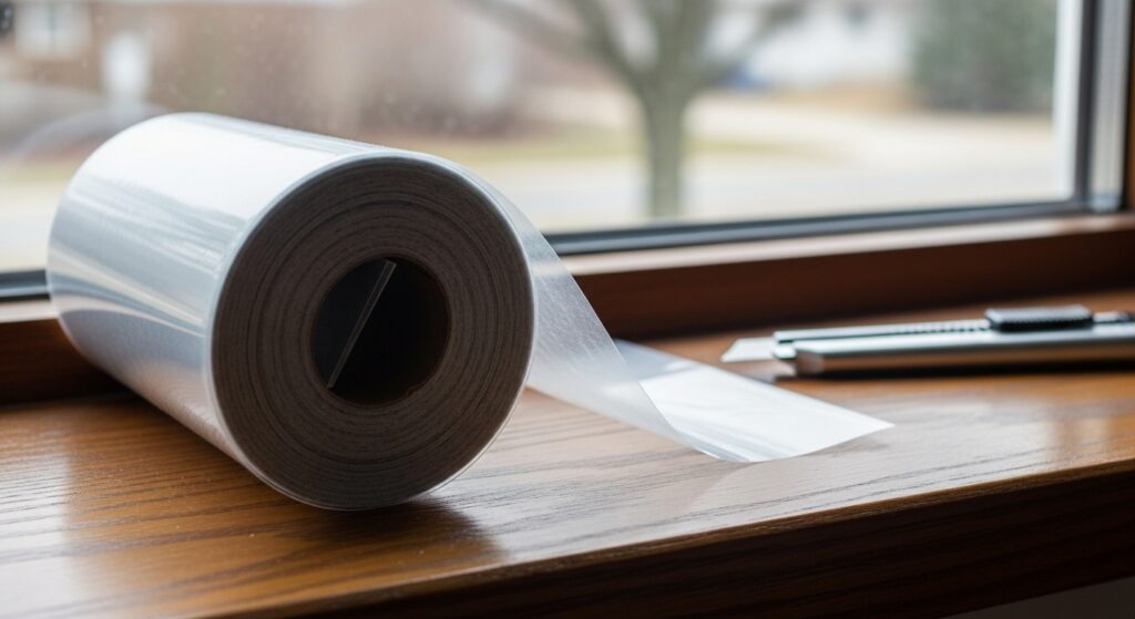 창문 단열 필름 롤과 유리창을 함께 찍은 실사 이미지