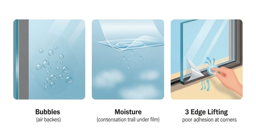 창문 단열필름 실패 이유 인포그래픽 — 기포·습기·모서리 부착 불량