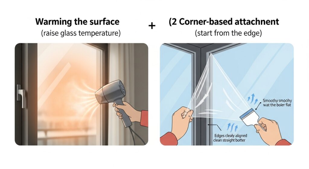 창문 단열필름 잘 붙이는 법 인포그래픽 — 표면온도 올리기·모서리 기준 부착