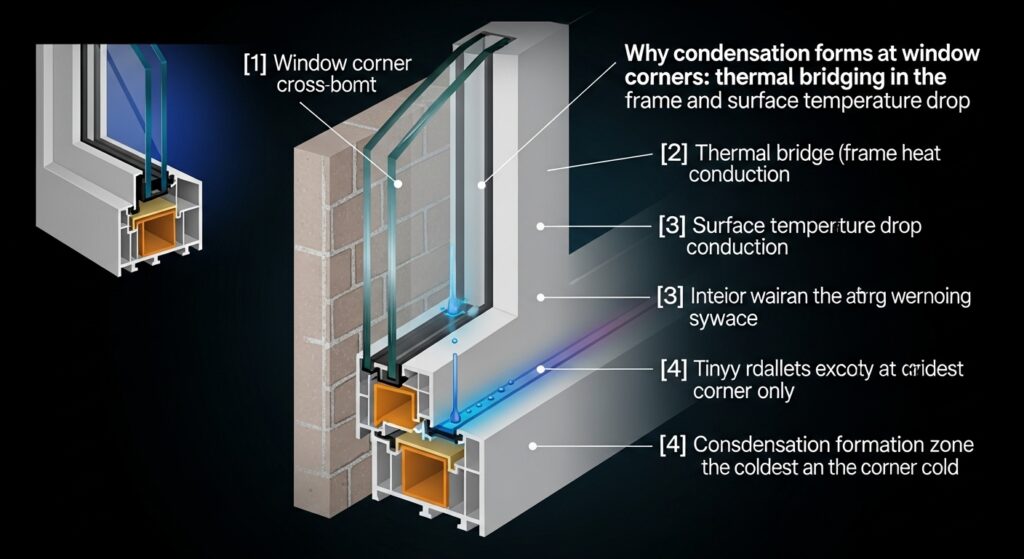창문 모서리 결로 원리 — 프레임 열교·표면온도 하락 인포그래픽