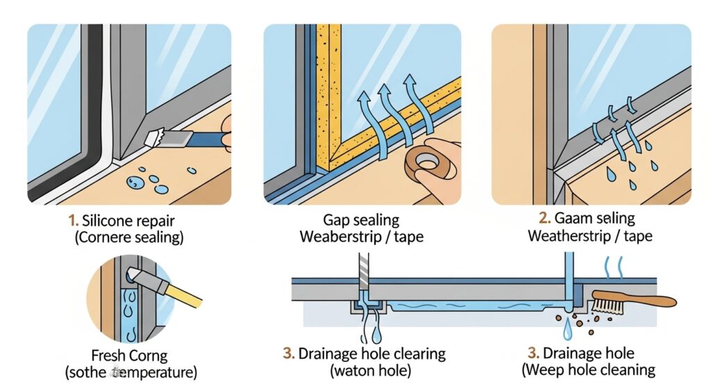 창문 모서리 결로 해결법 — 실리콘 보수·틈막이·배수홀 정리 인포그래픽