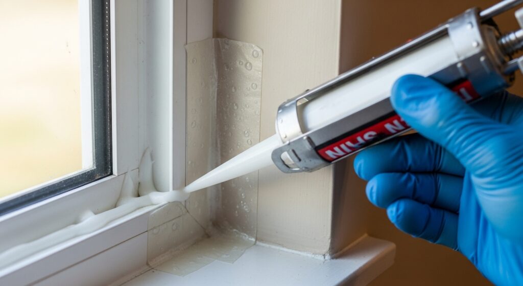 창문 모서리 실리콘 보수와 투명 테이프를 이용해 코너 틈을 막는 실제 작업 장면