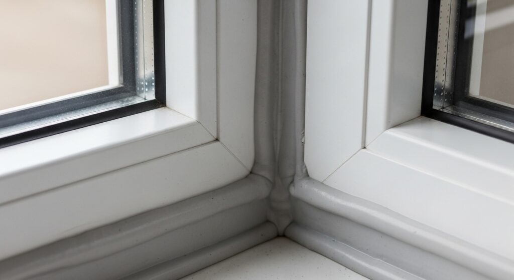 창문 모서리 틈 보강 완료 후 깨끗하게 밀착된 창틀 모서리 실사 이미지