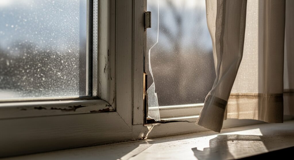 창문 모서리 틈에서 바람이 들어오는 실제 프레임 모서리 모습