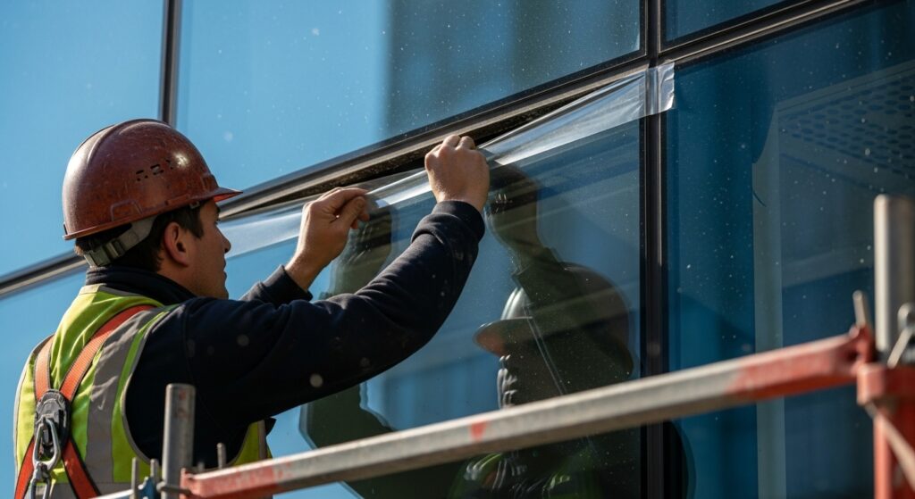 창문 상단 틈새를 투명 테이프로 보강하는 실제 작업 장면