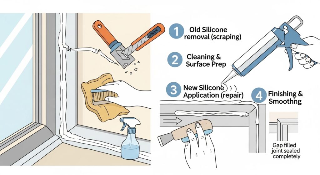 창문 실리콘 보강 순서 — 긁어내기·보수·마감 인포그래픽