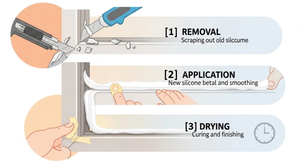 창문 실리콘 보수 방법 — 긁어내기·마감·건조 인포그래픽