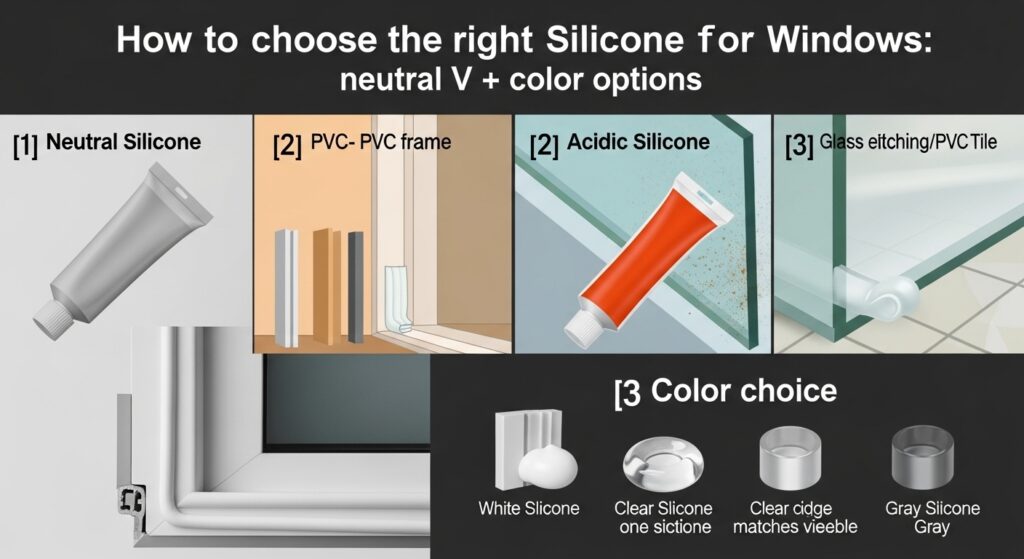 창문 실리콘 선택법 — 중성·산성 차이와 색상 선택 인포그래픽