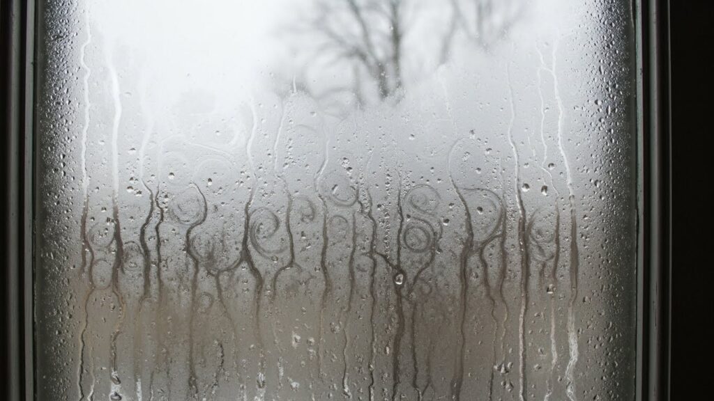 창문 안쪽 유리에 뿌옇게 김서림이 낀 실사 이미지