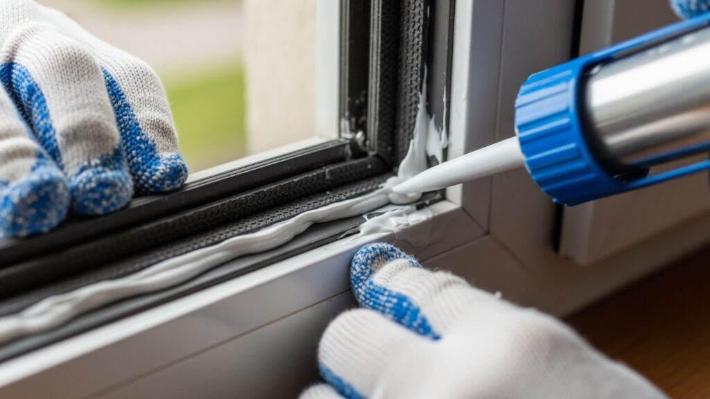 창문 유격을 잡기 위해 고무 패킹 스트립과 실리콘을 보강하는 실제 작업 실사 이미지