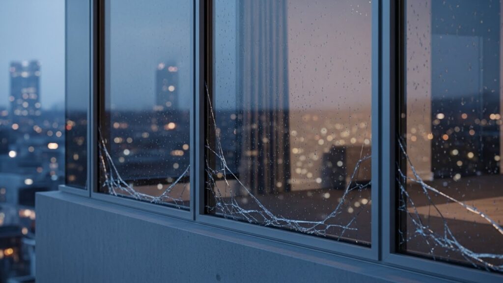 창문 유리가 흔들려 유격이 생긴 프레임 내부를 근접 촬영한 실사 이미지