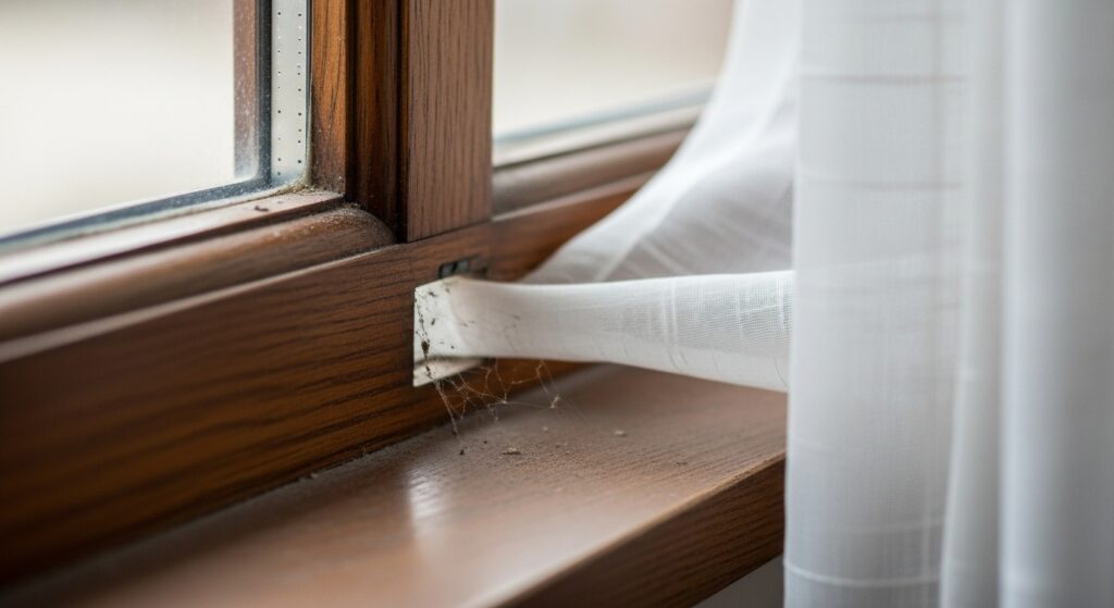 창문 유리와 프레임 사이에 틈이 생겨 바람이 들어오는 실제 근접 사진