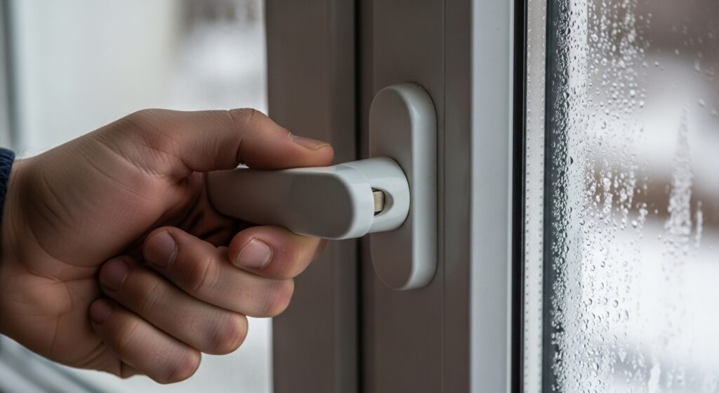 창문 잠금 손잡이를 돌려 잠그는 손을 가까이에서 찍은 실사 이미지