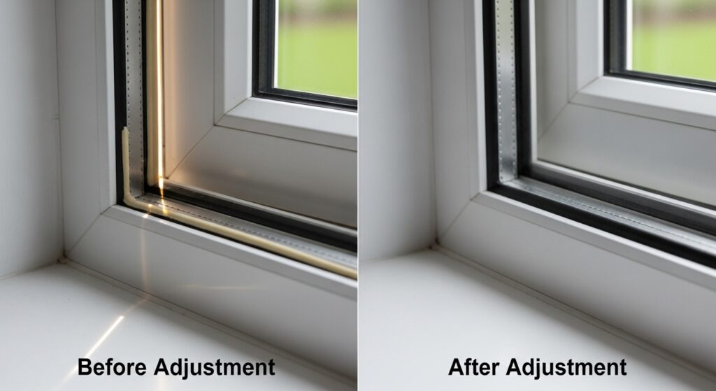 창문 잠금쇠 조절 전과 후의 창틀 밀착 상태를 비교한 실사 이미지