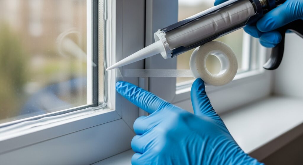 창문 측면 실리콘 보수와 투명 틈막이 테이프를 부착하는 손 작업 장면