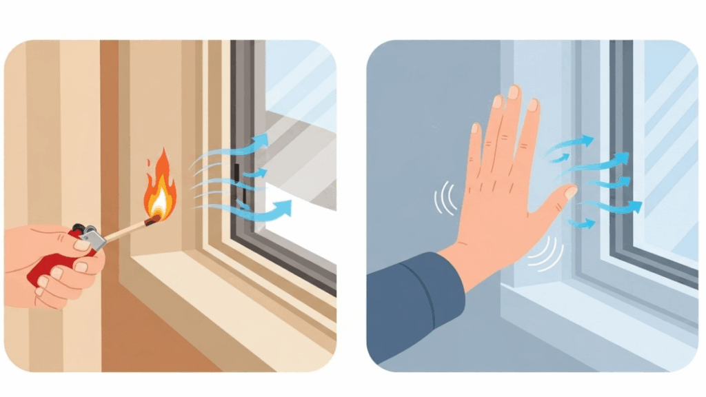 창문 틈새 바람길 찾기 — 불꽃 테스트·손바닥 테스트 인포그래픽