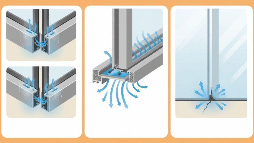 창문 틈새 외풍 위치 — 프레임 모서리·레일·실리콘 틈 인포그래픽