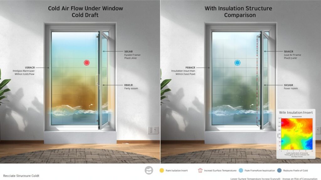 창문 하단 냉기 구조·프레임 온도 차이 설명 인포그래픽