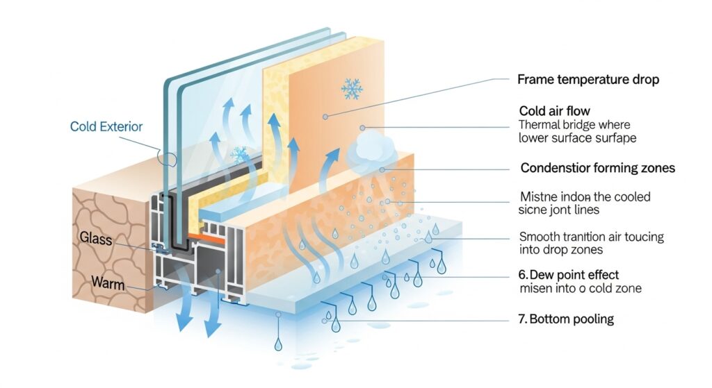 창틀 프레임 온도 하락 구조와 결로 발생 원리 인포그래픽